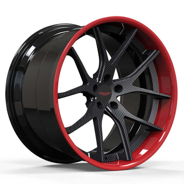 Sleek black and red concave wheels for Aston Martin V8 Vantage, custom-built to order, deep dish style.